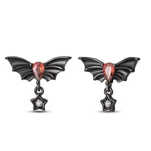 18K Black Gun Metal Unisex Bat Wings Ruby & Diamond Punk Gothic Stud Earrings